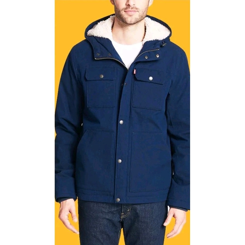 Levi's Men's Soft Shell Navy Blue Sherpa Lined Hooded Trucker Jacket Sz L